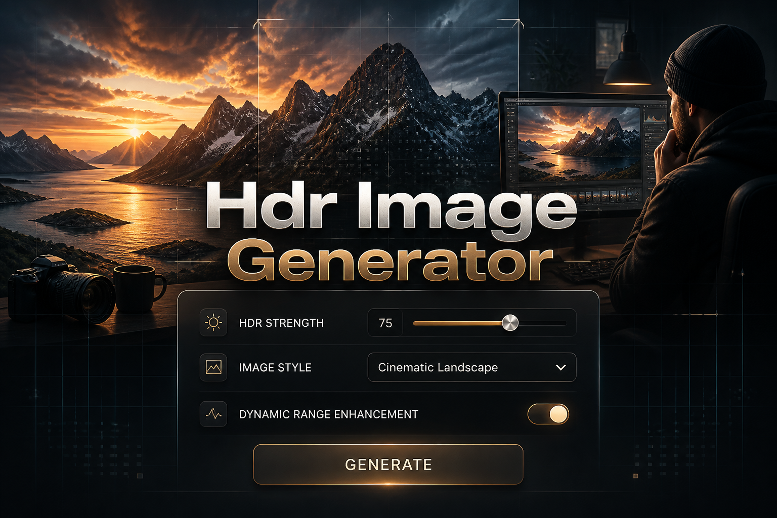 Centered hero graphic for HDR Image Generator with "Hdr Image Generator" title, a refined UI panel showing HDR strength input, image style dropdown, dynamic range toggle, and Generate button over a dramatic landscape editing scene with cinematic grid accents.