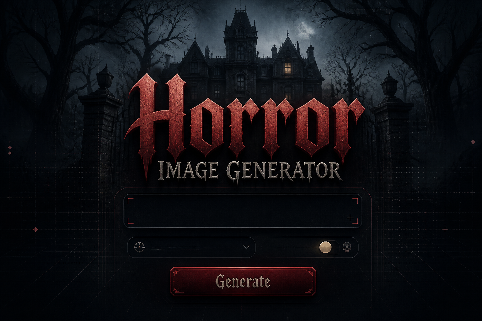 Centered horror image generator hero graphic with shadowed title, a sleek prompt field, style intensity dropdown, eerie detail toggle, and Generate button over a cinematic haunted UI with faint grid lines and subtle calibration marks.