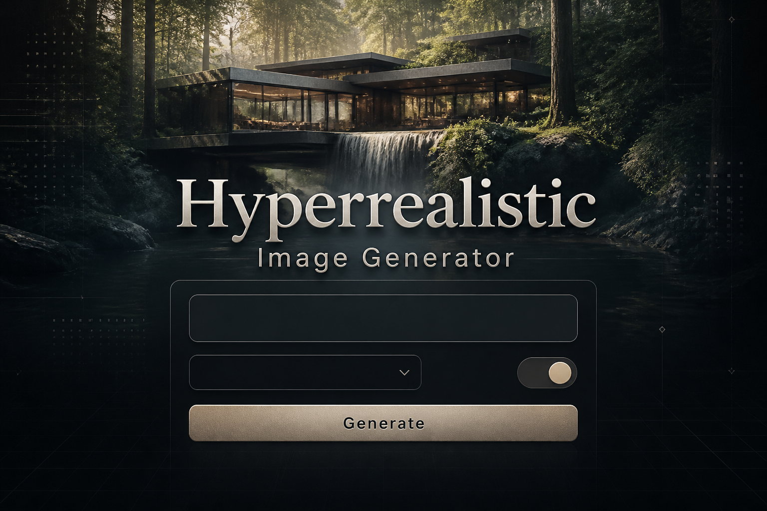 Centered hero graphic for a hyperrealistic image generator with the title "Hyperrealistic Image Generator," a sleek prompt field, style dropdown, realistic detail toggle, and Generate button over a cinematic AI interface with subtle grid lines and premium realistic design.