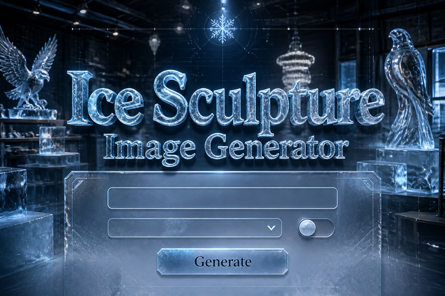 Centered hero graphic for an ice sculpture image generator with the title Ice Sculpture Image Generator, a subject input, blank dropdown and style toggle, and a Generate button over a polished frozen UI and luxury ice workshop background.