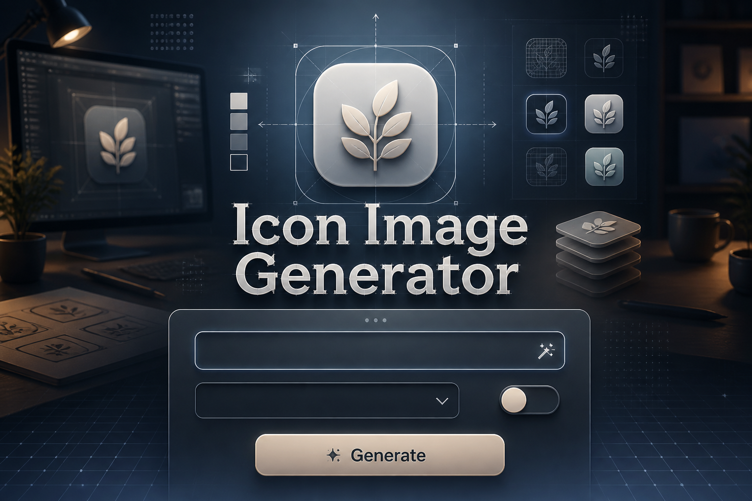Centered hero graphic for an icon image generator tool with the title Icon Image Generator, a refined UI panel with icon concept field, style dropdown, background toggle and Generate button, plus a polished icon creator interface vibe.