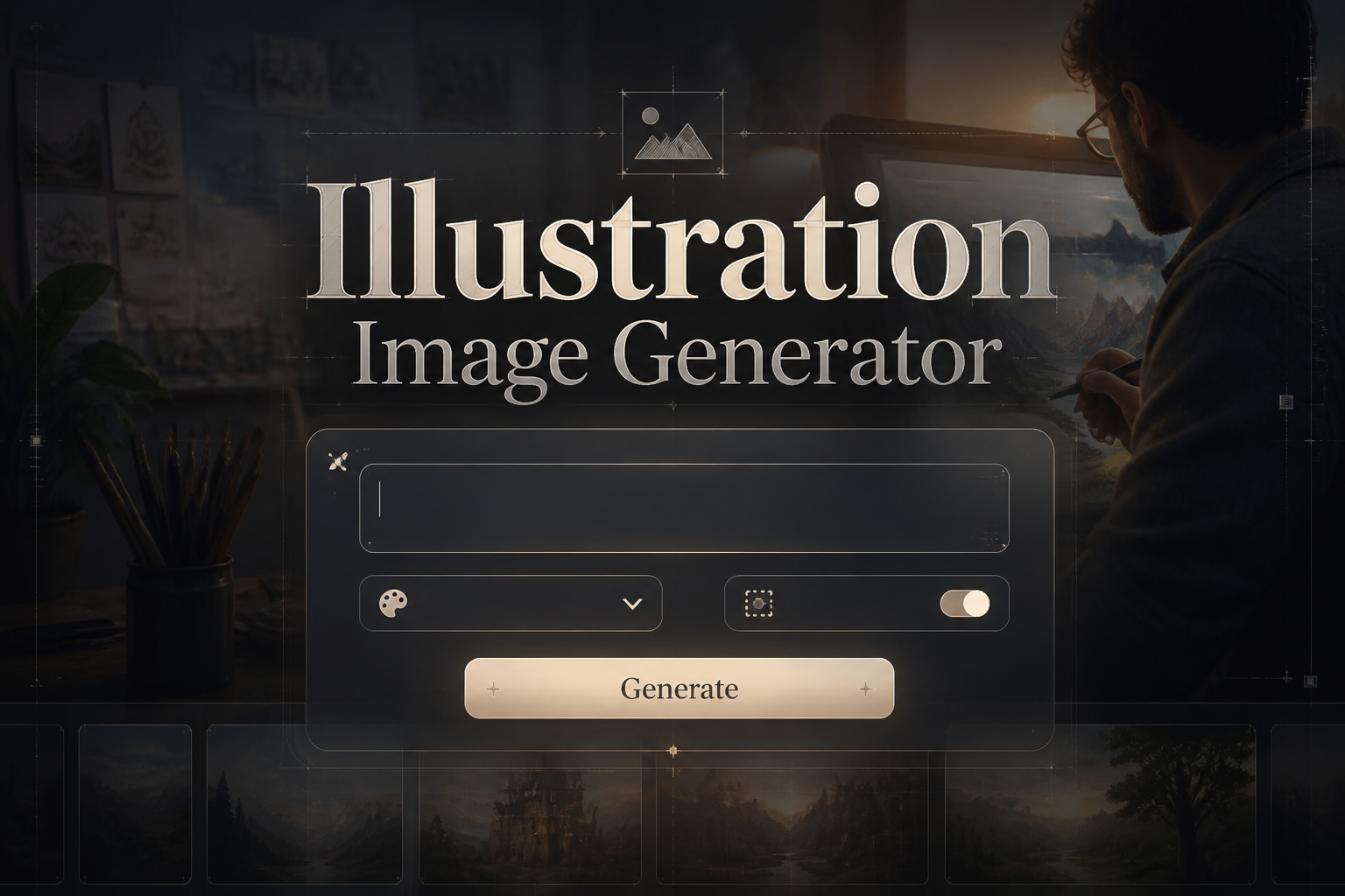 Centered hero graphic for an illustration image generator with the title Illustration Image Generator, a prompt field, style dropdown, variation toggle, and Generate button over a premium UI and subtle artist-work background.