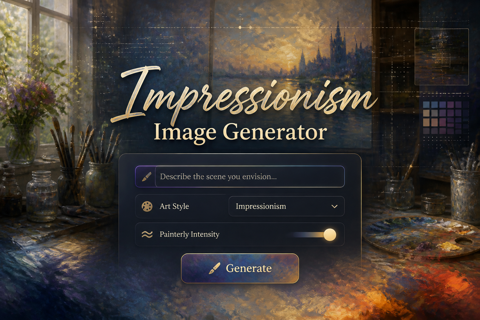 Centered hero graphic with the title Impressionism Image Generator in elegant impressionist typography above a refined UI panel showing a style prompt field, art style dropdown, painterly intensity toggle, and Generate button, set over a dark artist workspace with painterly textures and abstract grid details.