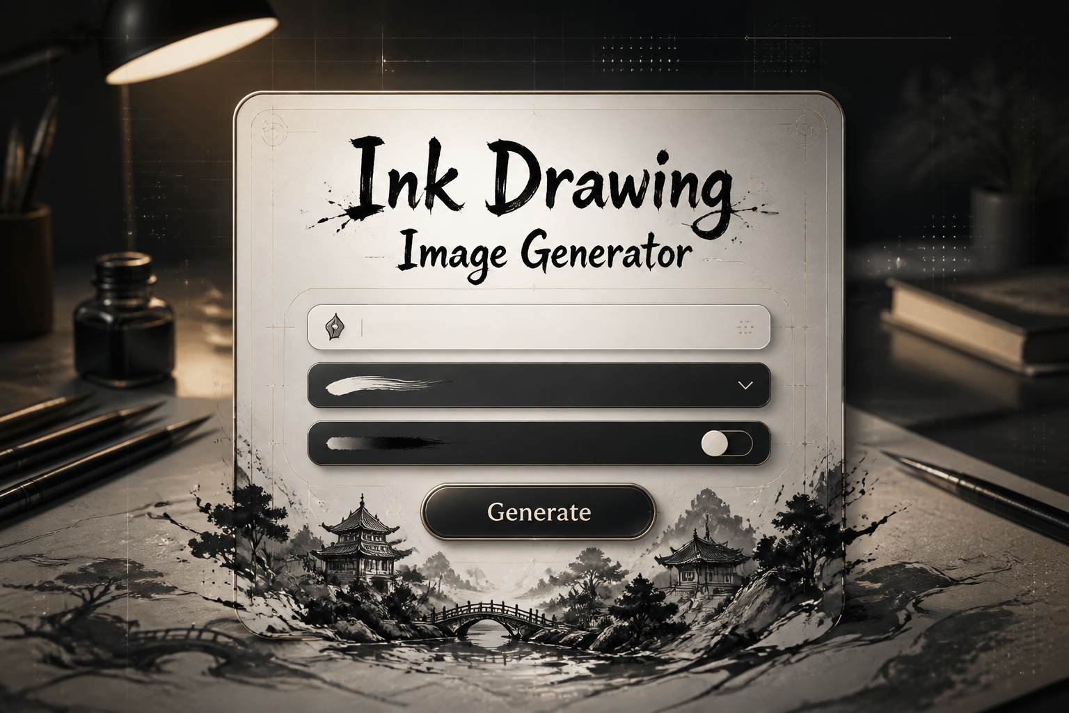 Centered premium hero UI for Ink Drawing Image Generator with the title text, a short prompt field, style dropdown, ink intensity toggle, and Generate button, fading into flowing pen strokes and sketch textures in a sleek AI tool interface.