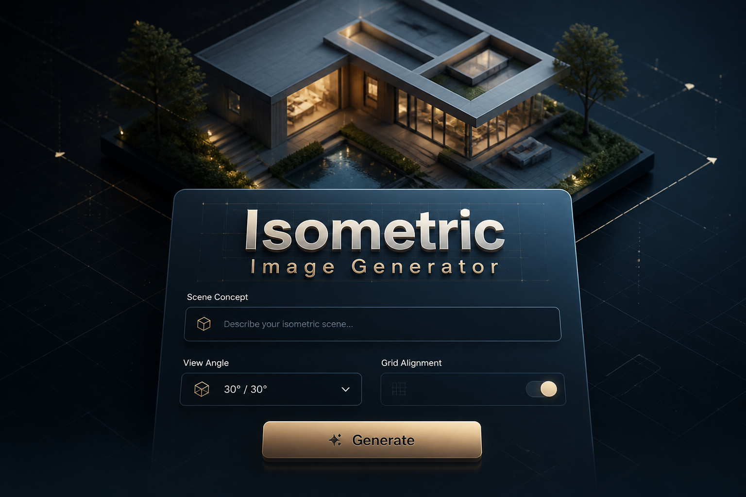 Centered hero graphic for Isometric Image Generator showing a sleek UI panel with scene concept input, view angle dropdown, grid alignment toggle, and Generate button, over a dark fading background with subtle isometric grid lines and arrows.