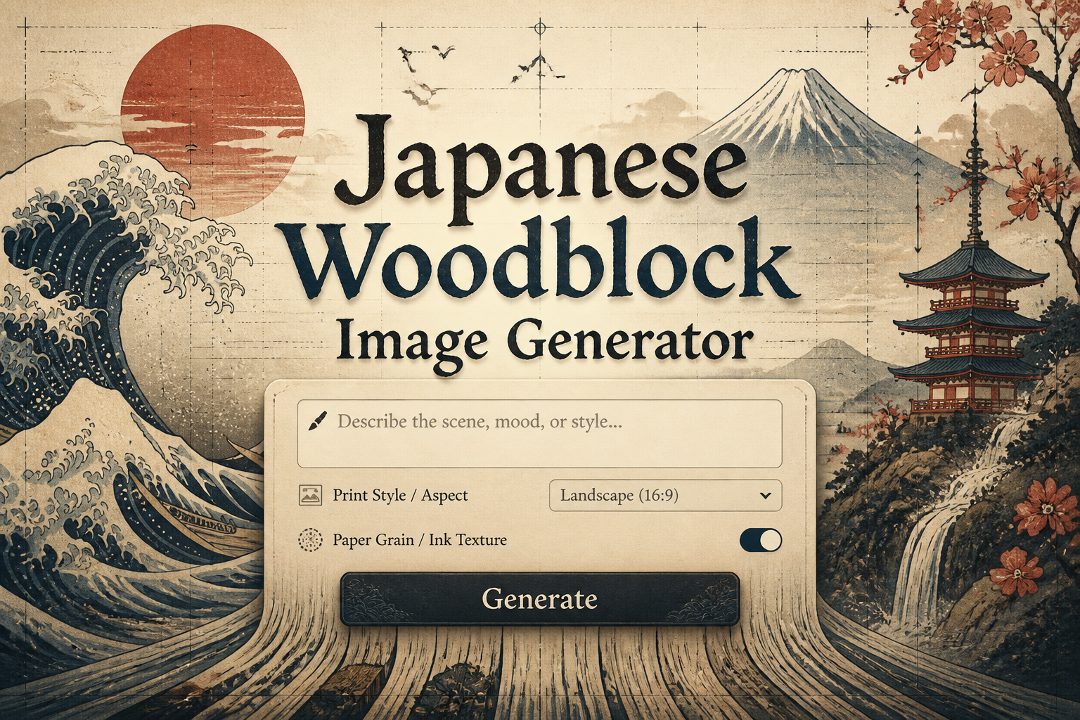 Featured hero image for a Japanese woodblock image generator with centered UI panel, style prompt field, print style dropdown, ink texture toggle, and Generate button over a fading ukiyo-e scene in warm cream, indigo, and vermilion.