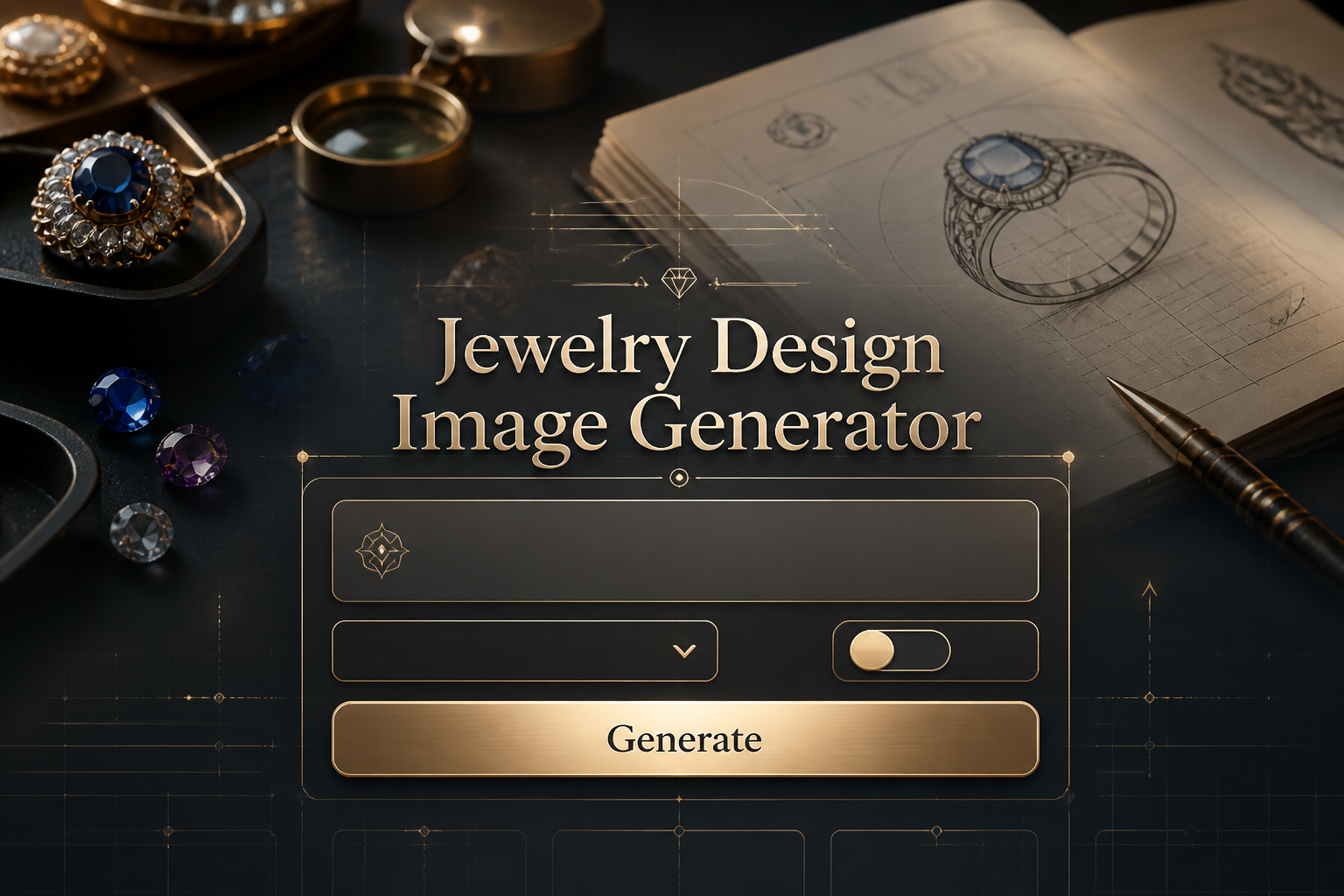 Centered premium hero graphic with "Jewelry Design Image Generator," a sleek jewelry design image generator interface, one prompt field, dropdown, toggle, and Generate button over a luxury jewelry desk with gemstones, sketchbook, and subtle grid lines.