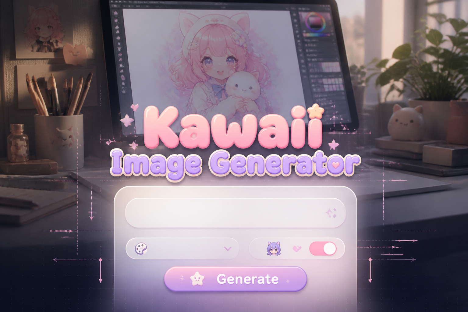 Kawaii Image Generator hero image with a centered pastel UI panel, prompt field, style dropdown, anime toggle, and Generate button, set over a deep workspace scene with soft shadows and subtle grid lines, ideal for kawaii image generator tool inspiration