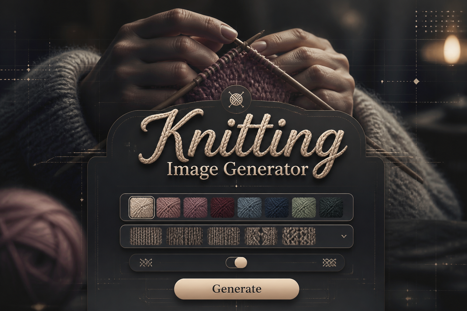 Featured hero image for a knitting image generator showing "Knitting Image Generator" in a sleek knit-inspired UI, with yarn color input, stitch style dropdown, complexity toggle, and a Generate button over hands knitting in a dark premium background.