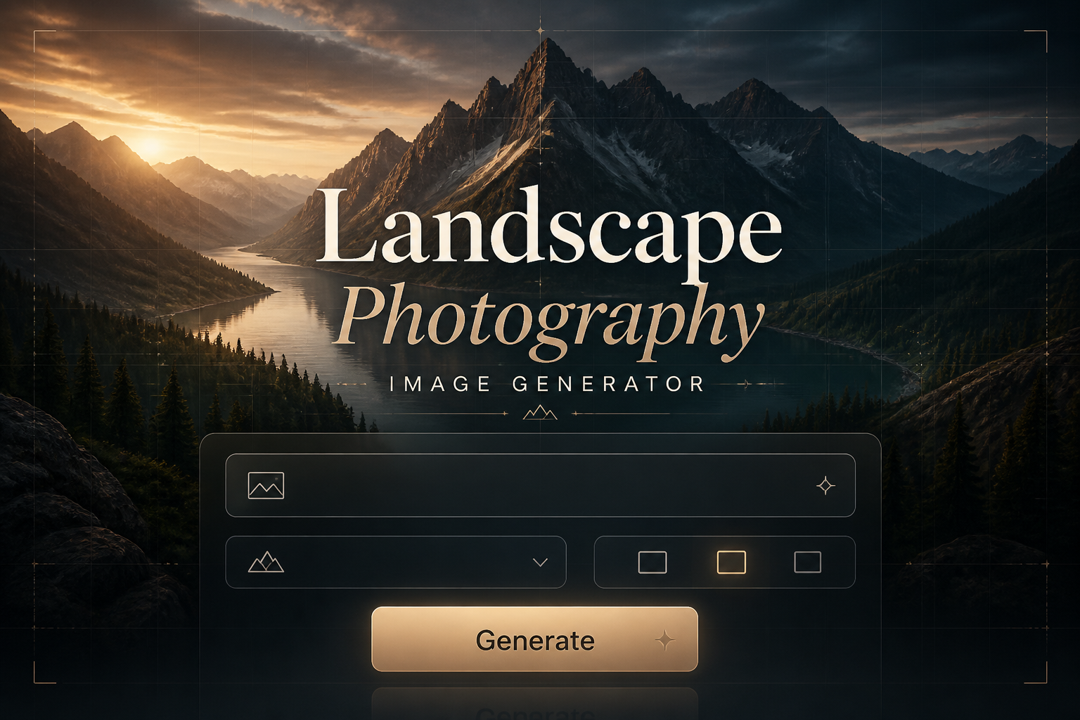 Landscape Photography Image Generator hero image with a cinematic mountain backdrop, centered smart UI panel, scene description input, landscape style dropdown, aspect ratio toggle, and Generate button in a polished landscape photography image generator interface.
