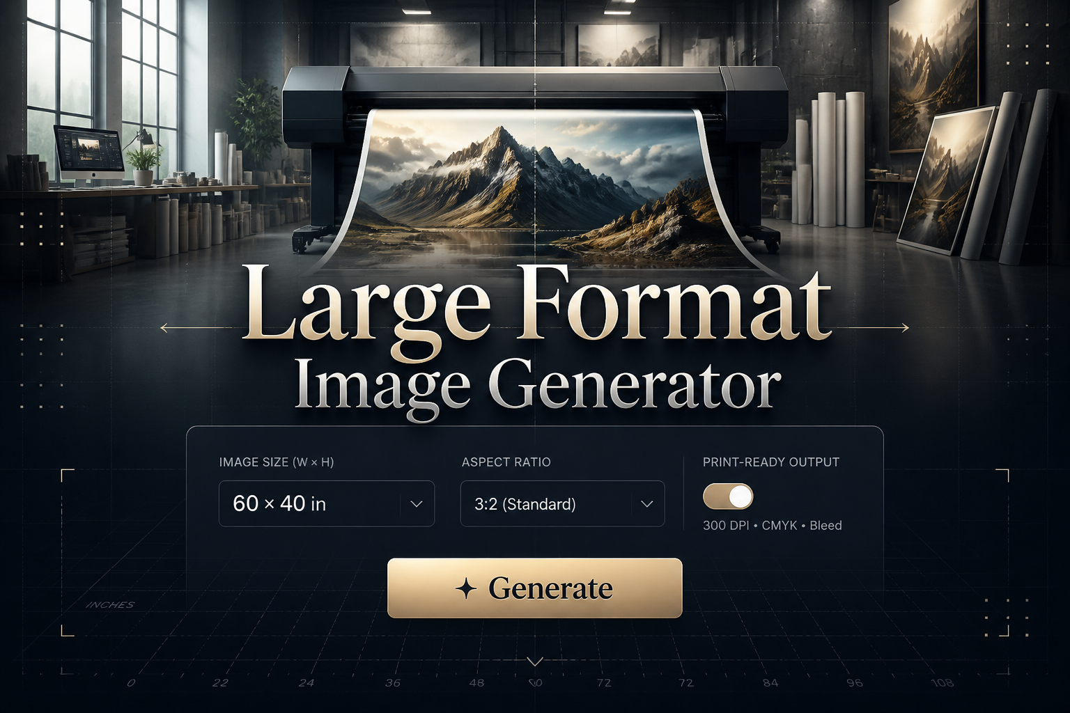 Centered hero graphic for a large format image generator showing the title Large Format Image Generator above a sleek UI panel with image size input, aspect ratio dropdown, print-ready toggle, and Generate button over an oversized poster printing studio background.