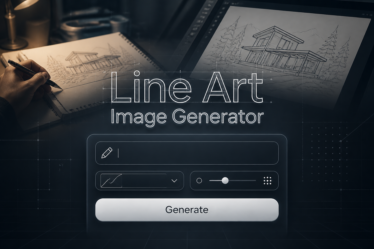 Centered hero graphic with "Line Art Image Generator" in soft shadow above a sleek UI panel, a prompt field, style dropdown, toggle, and Generate button, plus faint sketching-grid background for line art image generator tool and line art creation UI.