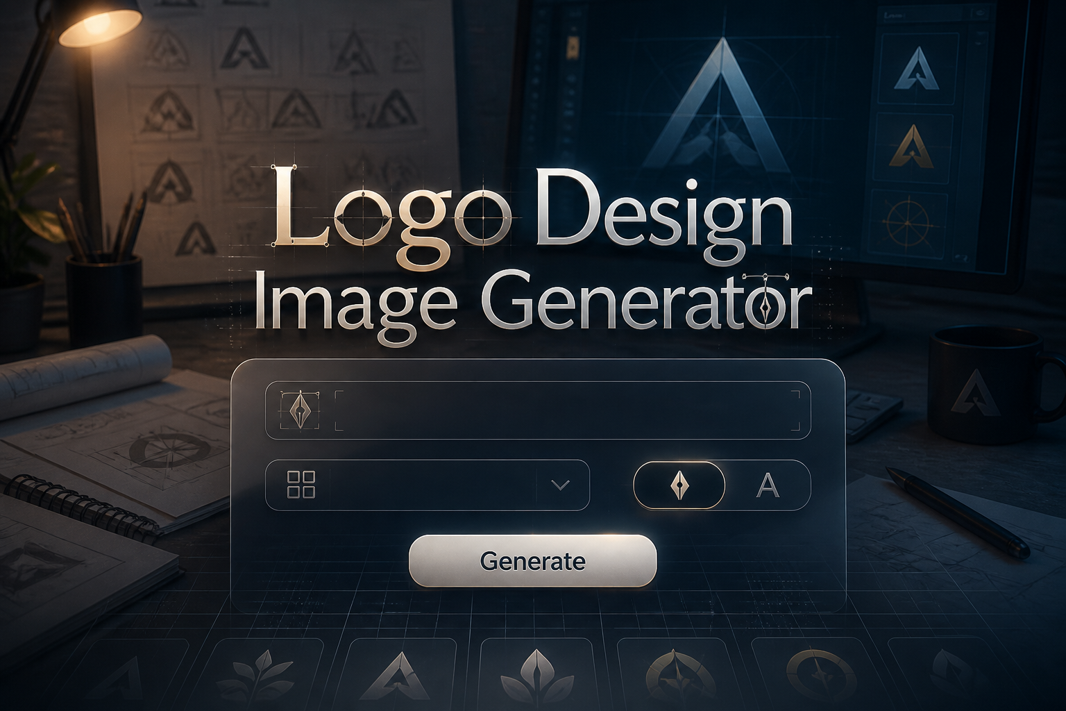 Hero graphic for a logo design image generator showing the title text over a polished UI panel with brand name field, style dropdown, icon or wordmark toggle, and Generate button, set above a designer workspace with sketches and soft monitor glow.