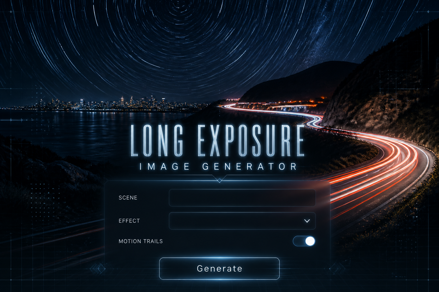 Centered hero graphic for a long exposure image generator, showing a sleek UI panel with scene input, effect dropdown, motion trails toggle, and Generate button over a night photo background with glowing light trails and subtle grid accents.