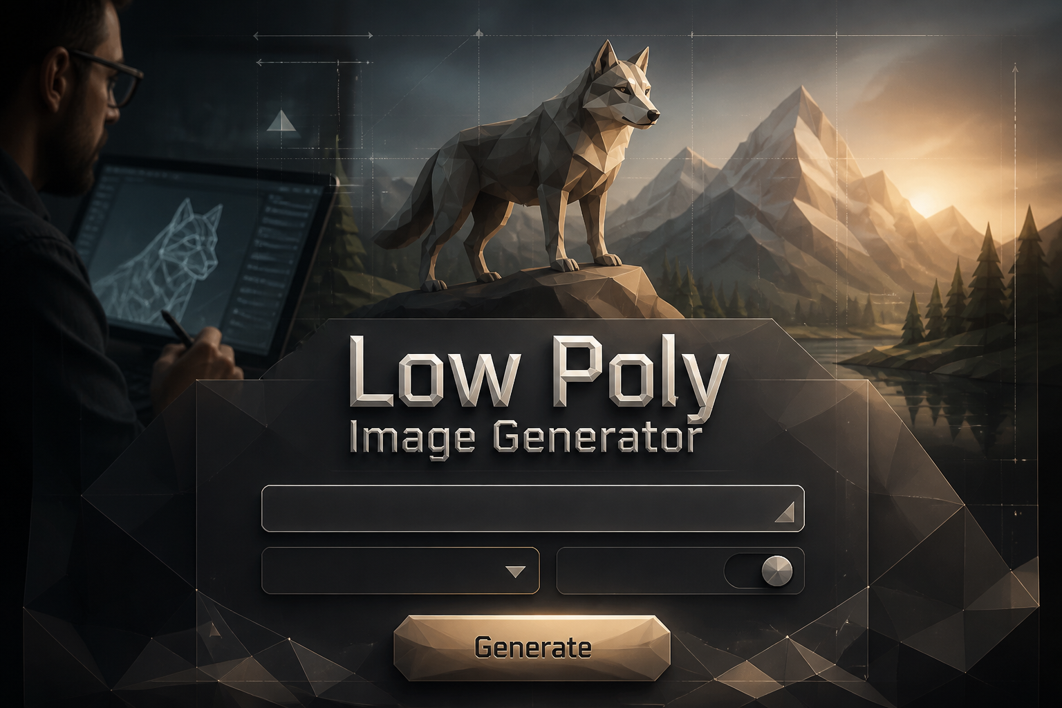 Featured hero image for a low poly image generator showing the title text over a sleek centered UI panel with prompt input, style dropdown, detail toggle, and Generate button, with faceted polygon shapes and a low poly art generator interface in the background.
