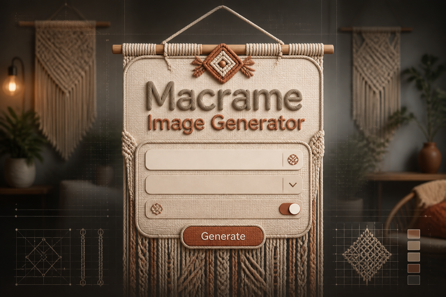 Featured hero image for a macrame image generator showing a centered UI panel with a prompt field, style dropdown, knot detail toggle, and Generate button over a warm modern interior with hanging macrame decor and woven strand accents.