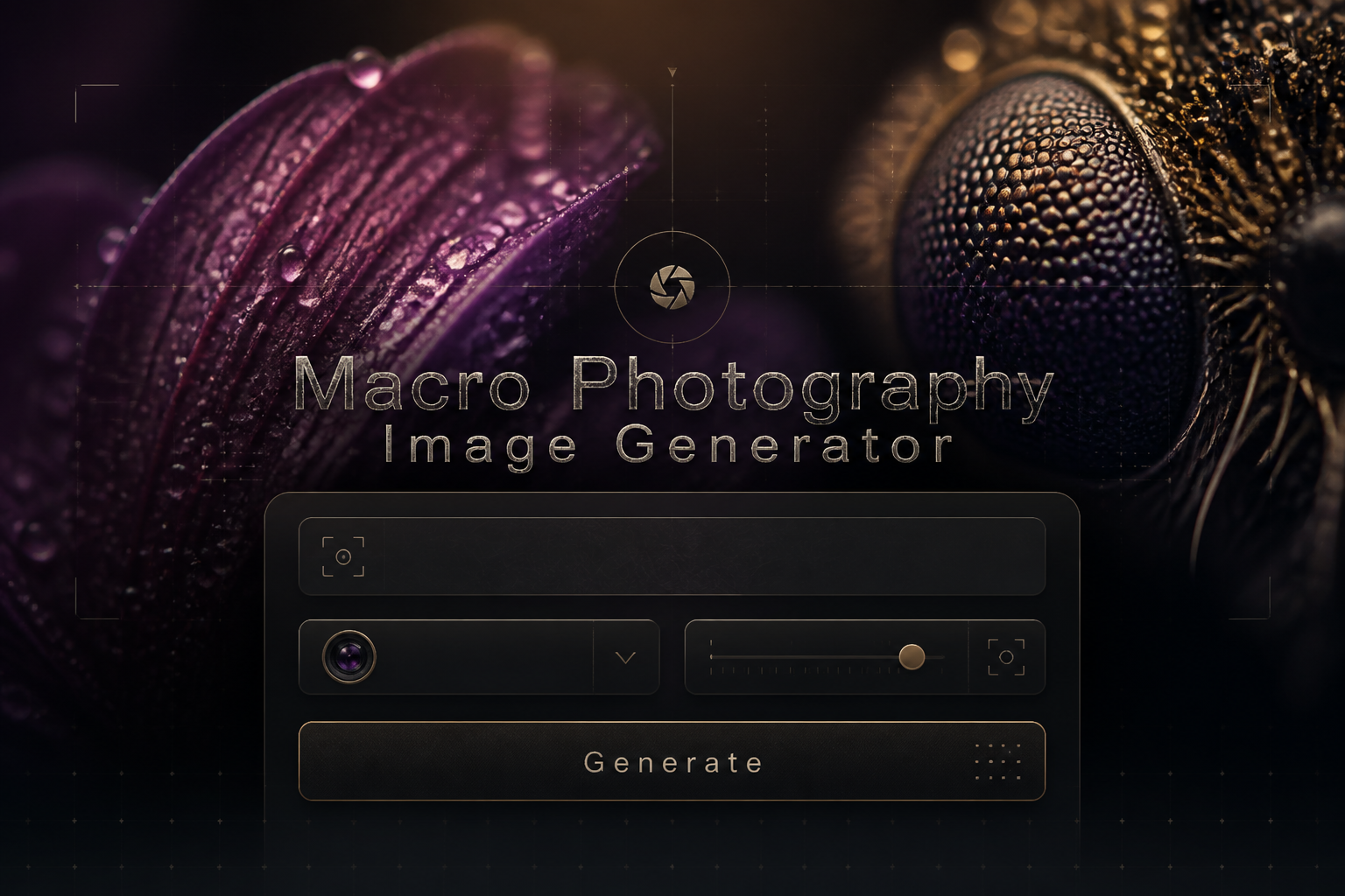 Centered hero graphic for a macro photography image generator with the title text and a sleek UI panel showing a subject prompt field, magnification dropdown, focus slider, and Generate button over a fading macro flower and insect-eye background.