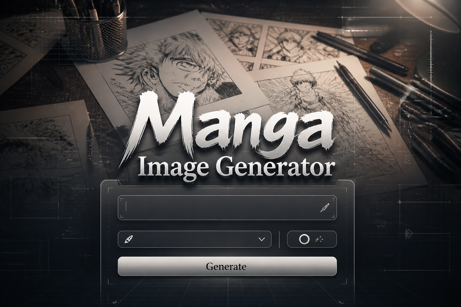 Centered hero image for a Manga Image Generator tool showing a sleek UI panel with prompt input, style dropdown, toggle, and Generate button over an artist desk with sketch pages and subtle grid lines, perfect for manga image generator UI inspiration.