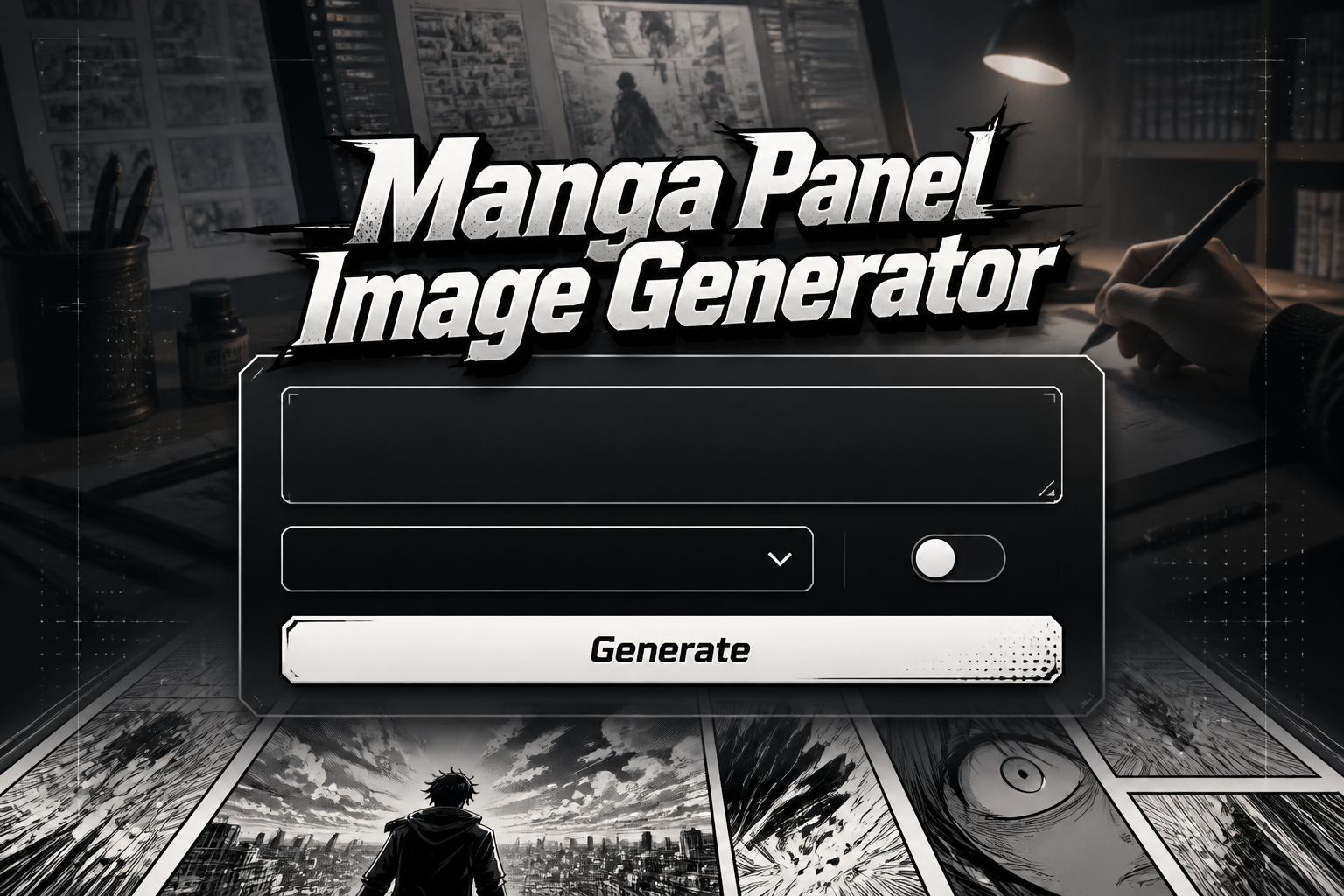 Centered hero graphic for a manga panel image generator with the title Manga Panel Image Generator, a prompt field, panel style dropdown, black-and-white toggle, and Generate button, styled as a sleek manga panel creator UI.