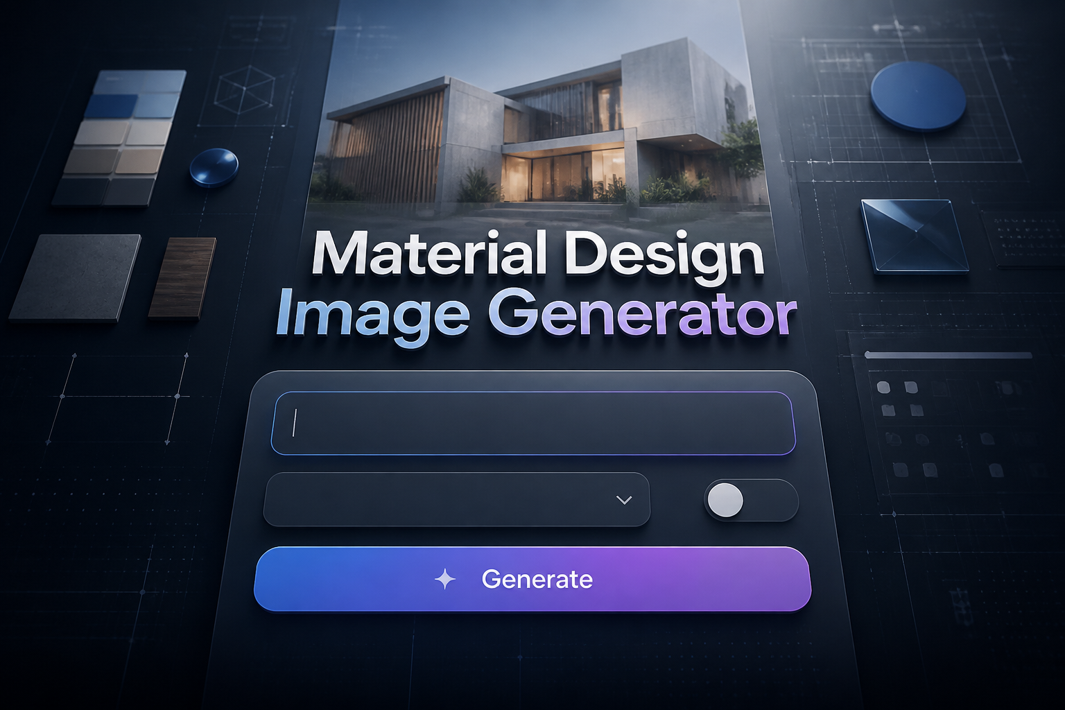 Centered featured hero graphic for a material design image generator tool, showing a sleek layered panel with a prompt field, material-style dropdown, toggle, and Generate button, with the title Material Design Image Generator in soft shadow and subtle UI grid accents.