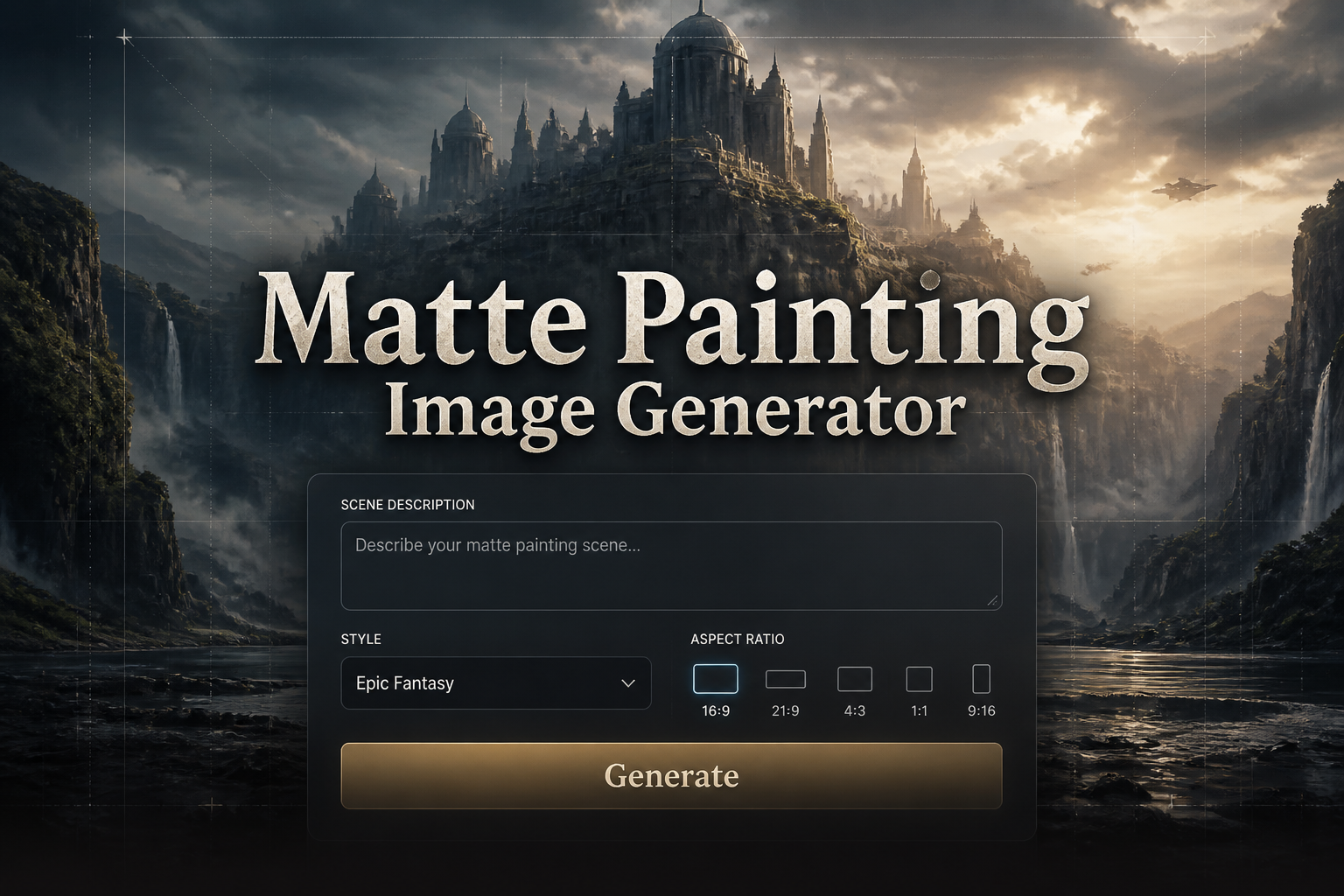 Centered hero graphic with the title Matte Painting Image Generator, a polished UI panel for scene description, matte painting style dropdown, aspect ratio toggle, and Generate button over a cinematic concept art background with subtle grid lines for a matte painting image generator tool.