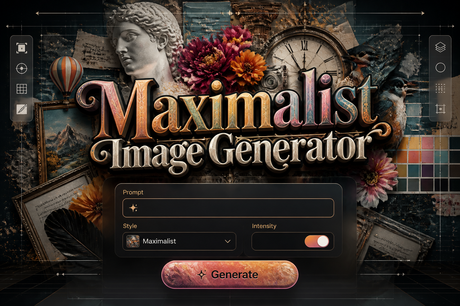 Centered hero graphic for a maximalist image generator showing the title "Maximalist Image Generator," a prompt field, style dropdown, vivid intensity toggle, and Generate button over layered collage assets with sleek UI accents and abstract grid lines.