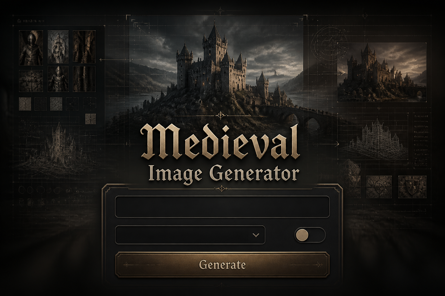 Centered hero graphic for Medieval Image Generator with a medieval-styled title, sleek prompt field, style dropdown, toggle, and Generate button, set over a polished fading interface with subtle grid lines and a medieval scene workflow background.