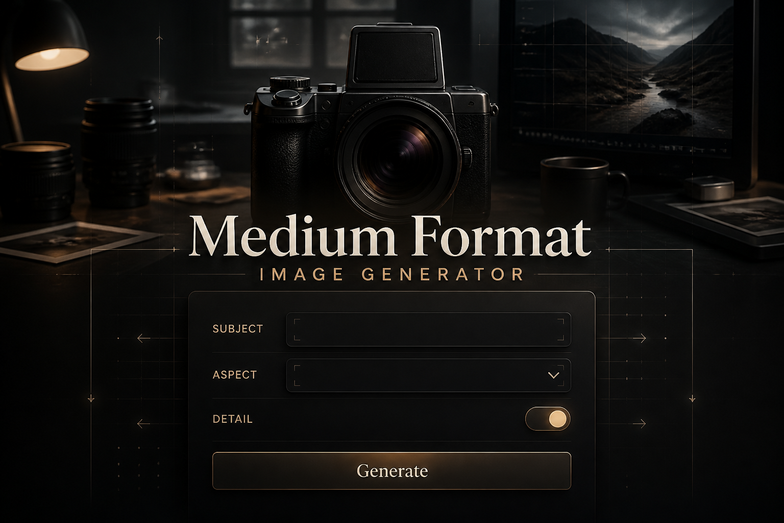 Centered hero graphic with Medium Format Image Generator text over a sleek UI panel, showing subject input, aspect dropdown, detail toggle, and Generate button, plus a premium camera workspace background for medium format image generator tool concepts.