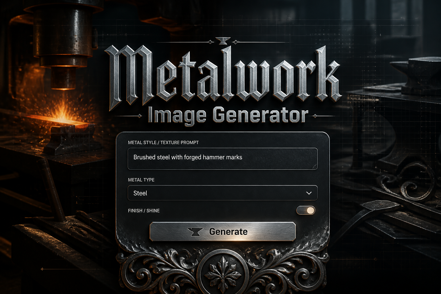 Centered hero graphic for Metalwork Image Generator showing a polished metalwork tool UI panel with a texture prompt field, metal type dropdown, finish toggle, and Generate button, fading into forged metal with subtle grid lines and arrows.