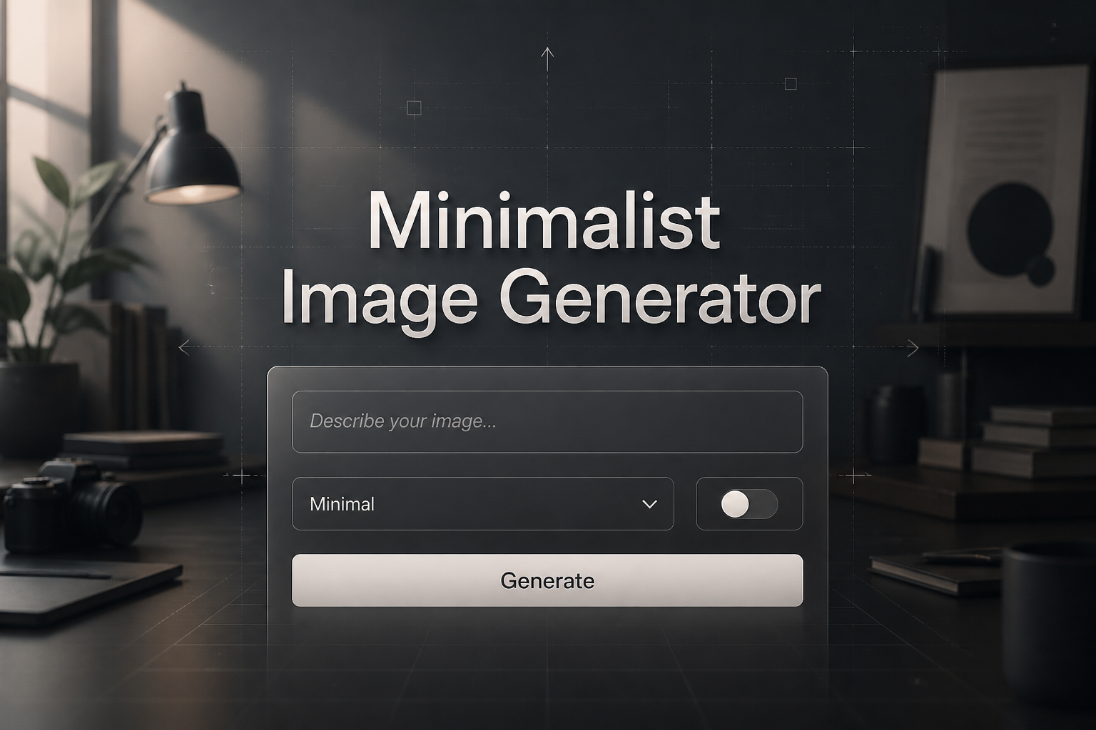 Centered hero image for a minimalist image generator tool showing the title "Minimalist Image Generator," a clean prompt field, style dropdown, toggle, and Generate button in a sleek premium UI with subtle grid lines and a polished creative workspace background.
