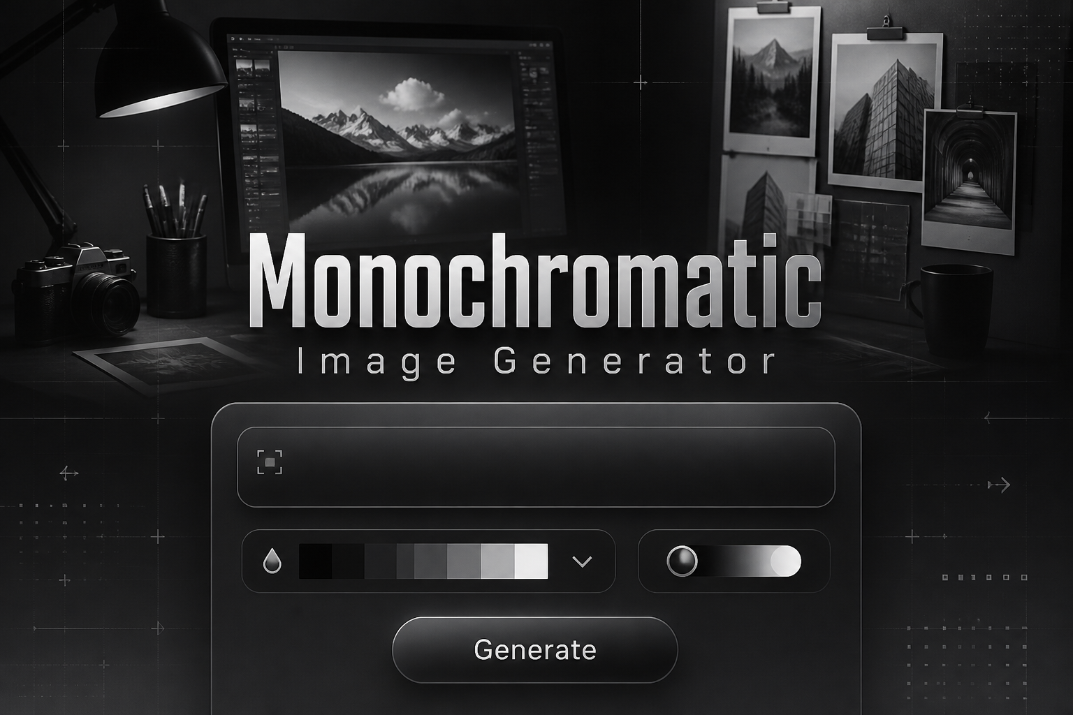 Centered monochrome hero UI with "Monochromatic Image Generator," a prompt input, monochrome tone dropdown, contrast toggle, and Generate button, styled as a premium monochrome image generator tool with subtle grid lines and grayscale workflow scene.