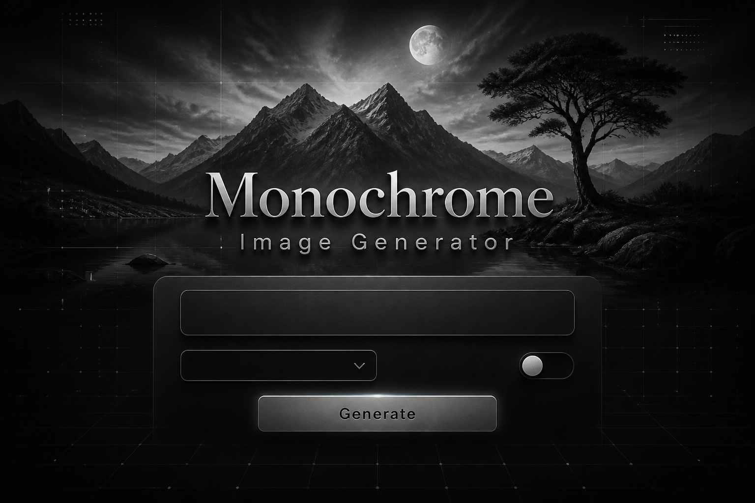 Centered sleek hero UI for a Monochrome Image Generator with the title text, one prompt field, monochrome style dropdown, compact contrast toggle, and Generate button over a dark fading grid-like background with subtle matrix elements.
