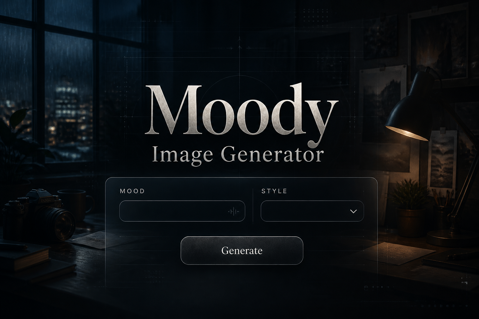 Centered hero graphic for a moody image generator with a sleek panel showing mood input, style dropdown, and Generate button, plus the title Moody Image Generator in soft shadow over a dark premium creative workspace UI.