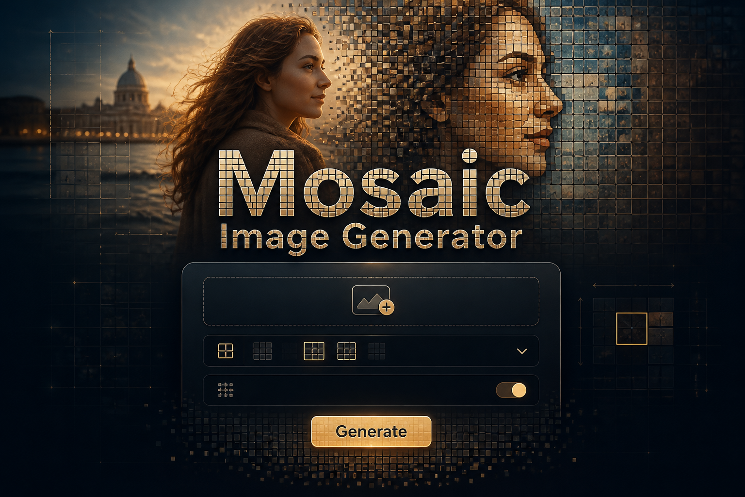 Centered hero graphic for Mosaic Image Generator showing a sleek input panel with upload field, mosaic tile size dropdown, grid alignment toggle, and Generate button, fading into tiny tiles over a photo-to-mosaic artwork scene.