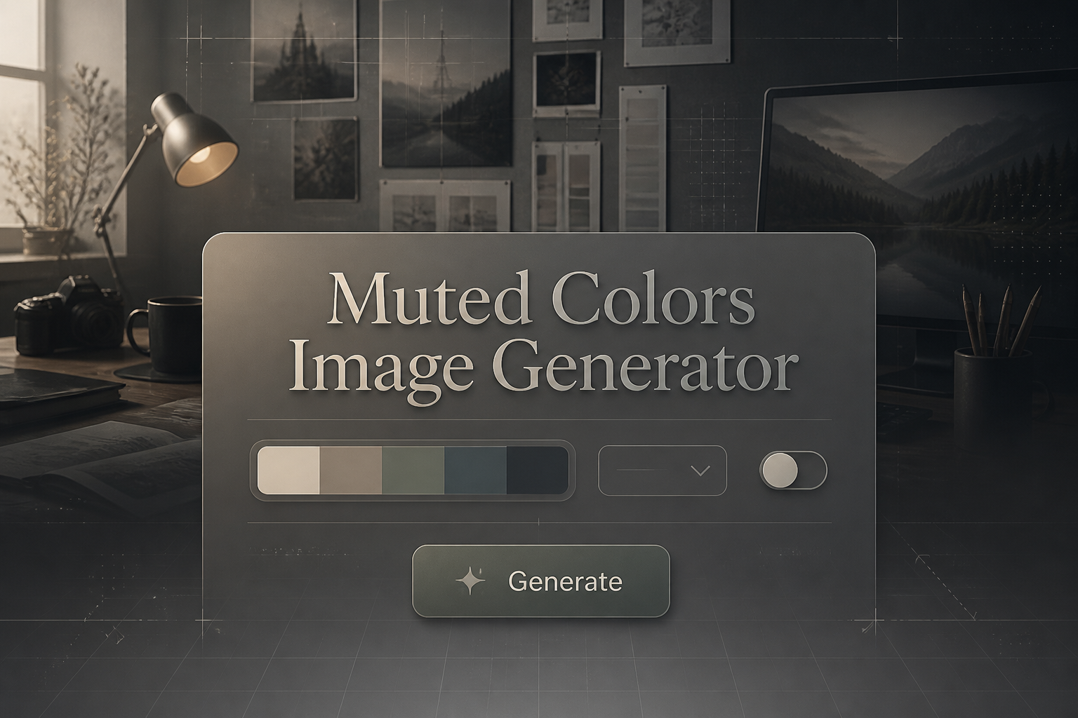 A centered hero panel for a muted colors image generator shows the title "Muted Colors Image Generator," a palette input, blank dropdown, tone toggle, and Generate button over a refined dark workspace with faint grid lines and subtle arrows.