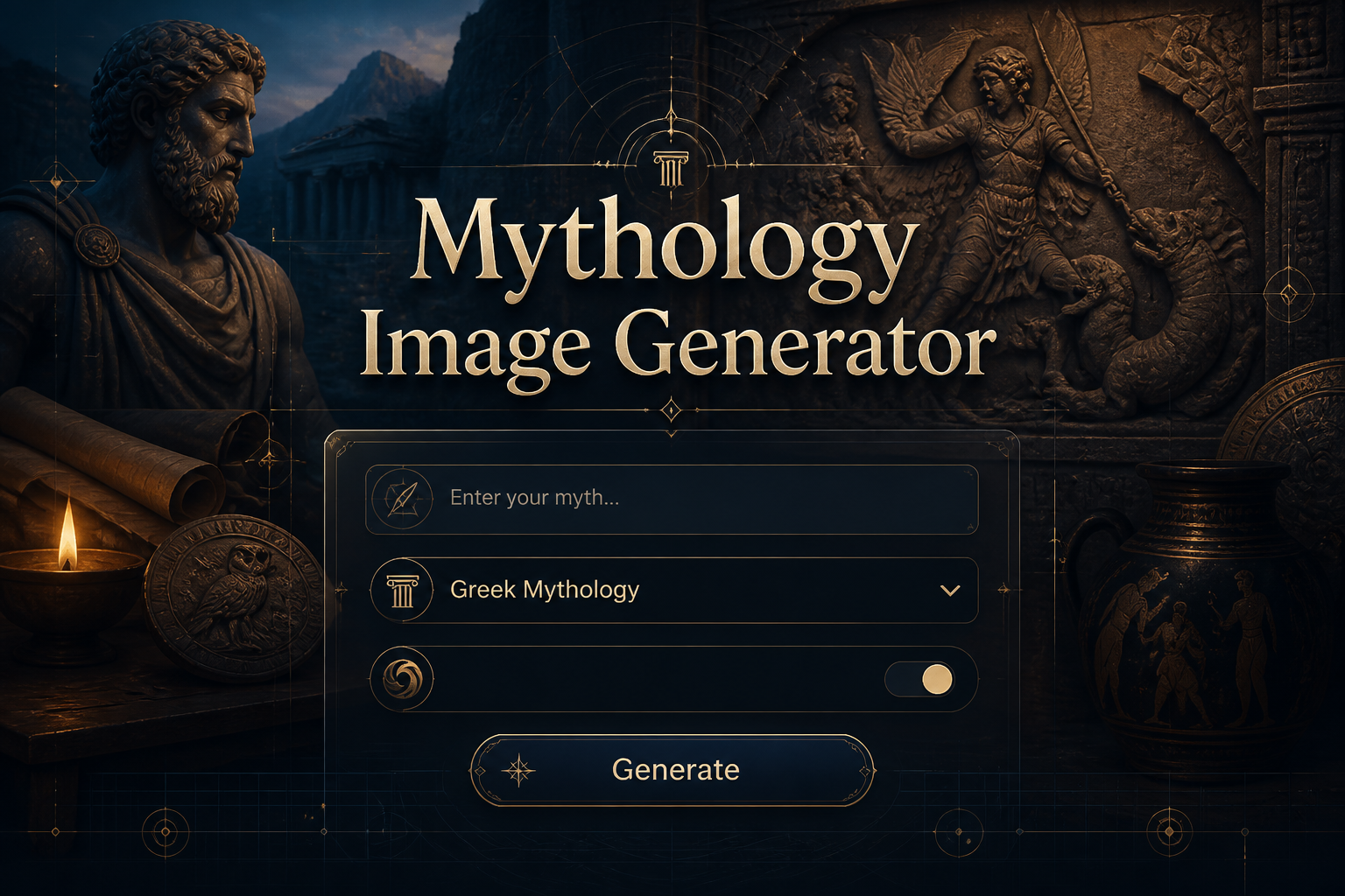 Centered hero UI for a mythology image generator with the title Mytheology Image Generator, a myth prompt field, mythology style dropdown, detail toggle, and Generate button over a deep indigo ancient-artifact background with subtle gold accents.