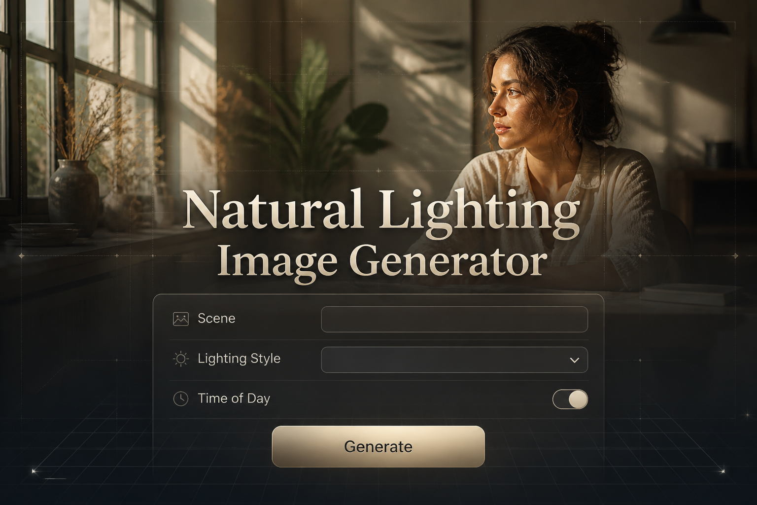 Centered hero graphic for a natural lighting image generator, with a soft-shadow title, a scene input, lighting style dropdown, time-of-day toggle, and Generate button over a sunlit interior with sleek grid accents and premium UI polish.