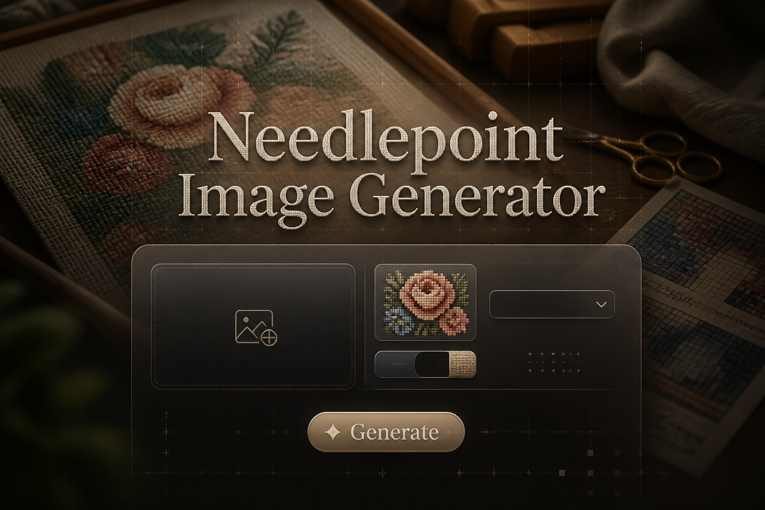 Centered hero graphic for a needlepoint image generator showing the title Needlepoint Image Generator, a sleek upload field, style dropdown, stitch density toggle, and Generate button over embroidery fabric and subtle grid UI.