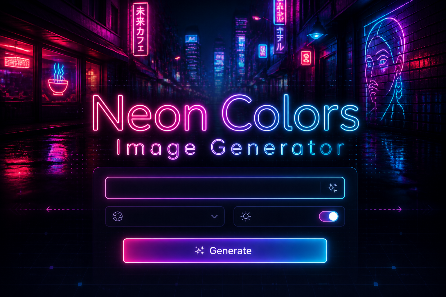 Neon Colors Image Generator hero image with luminous title text, a sleek UI panel showing a color prompt field, palette style dropdown, glow intensity toggle, and Generate button over neon signage, glowing streets, and electric magenta cyan reflections.