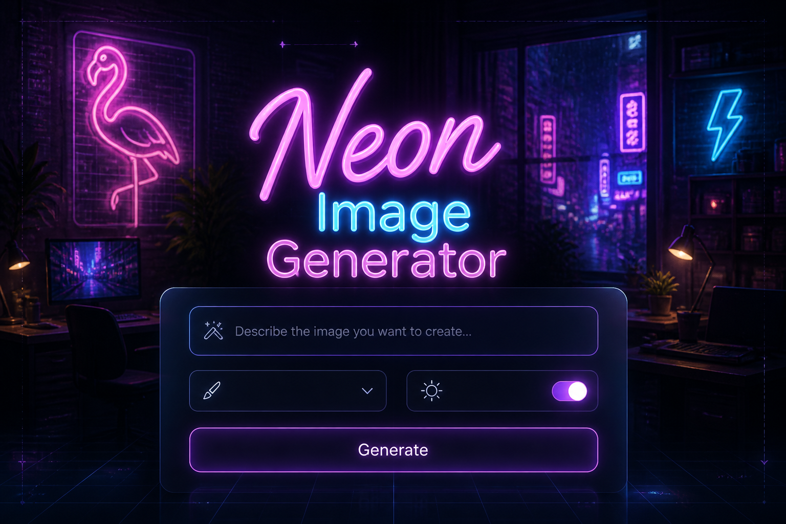 Centered neon-style hero panel for a Neon Image Generator with glowing title, prompt input, style dropdown, glow toggle, and Generate button, set over a dark luminous workspace with neon signage and subtle grid lines.