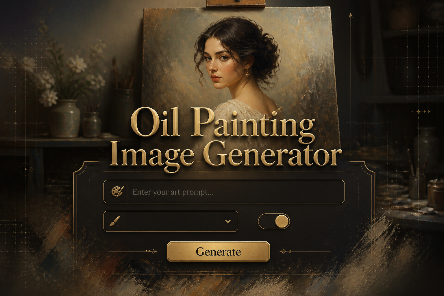 Centered premium hero graphic for an oil painting image generator, showing a refined UI panel with prompt field, oil paint style dropdown, brush-detail toggle, and Generate button over a fading real-life oil portrait on an easel with elegant shadowed title text.
