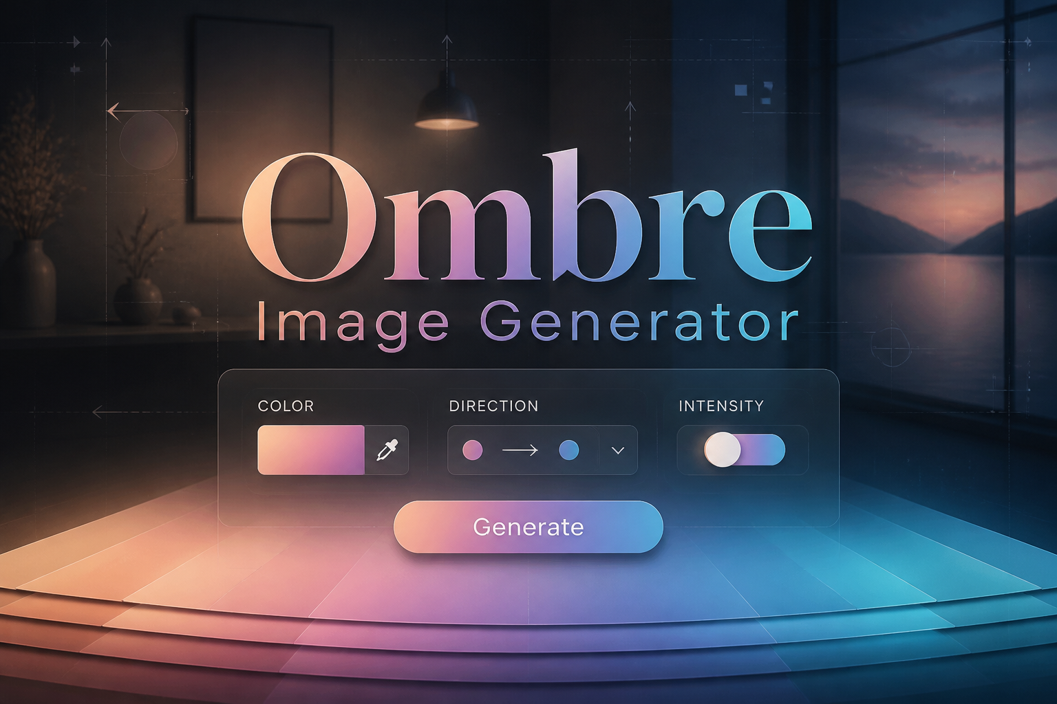 Centered hero mockup for an Ombre Image Generator showing a refined UI panel with color input, gradient direction dropdown, intensity toggle, and a Generate button, fading into layered ombre swatches and soft grid lines.