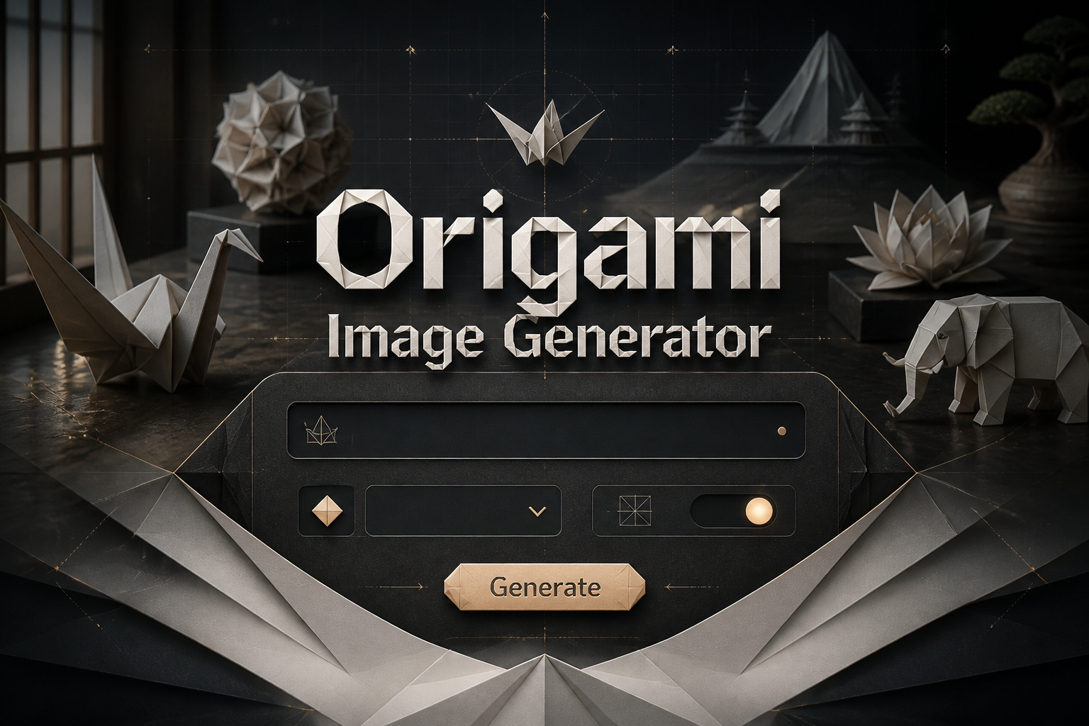 Centered hero image for an origami image generator with the title text Origami Image Generator, a refined panel with prompt field, paper style dropdown, crease detail toggle, and Generate button, over layered paper-fold backgrounds and subtle grid lines.