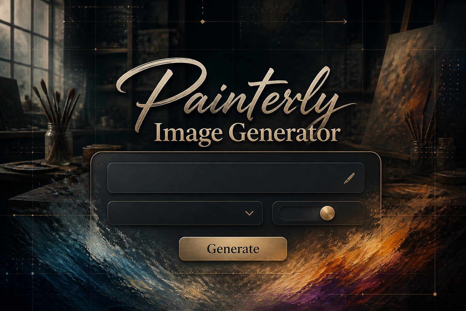 Painterly Image Generator hero graphic with centered UI panel, prompt field, style dropdown, strength toggle, and Generate button, fading into painterly brush textures with soft shadows and premium painterly image generator tool styling.