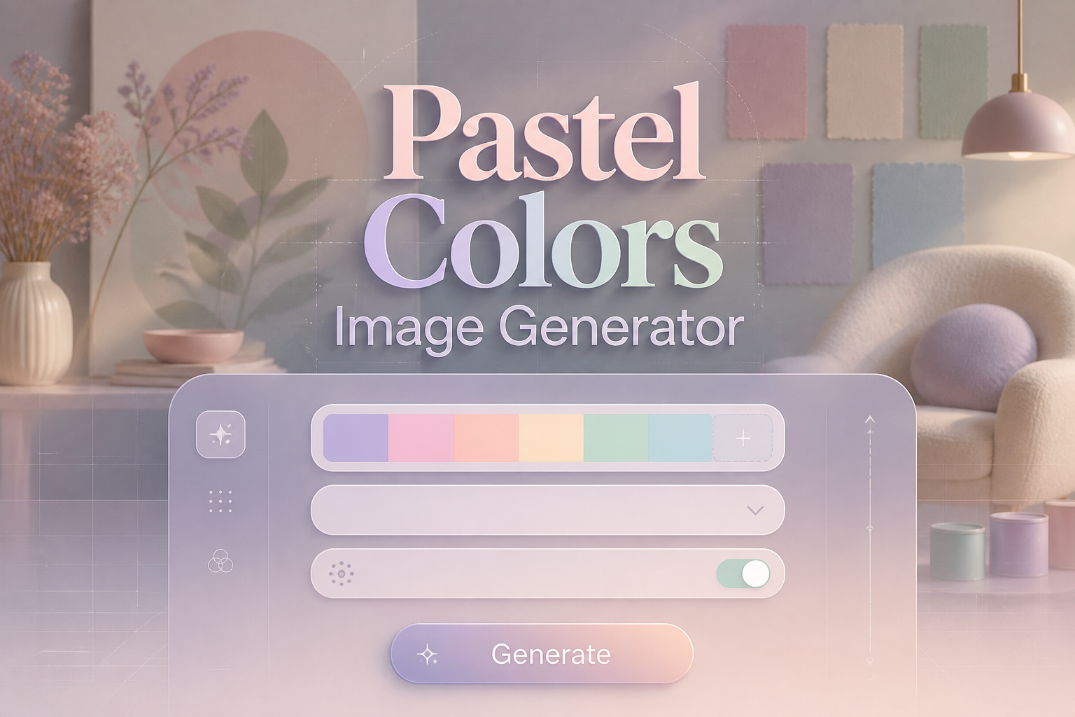 Centered hero graphic for a pastel colors image generator showing a polished UI panel with a palette input, dropdown, toggle, and Generate button, over a dreamy interior-inspired pastel color palette generator scene with soft grid accents and premium shadows