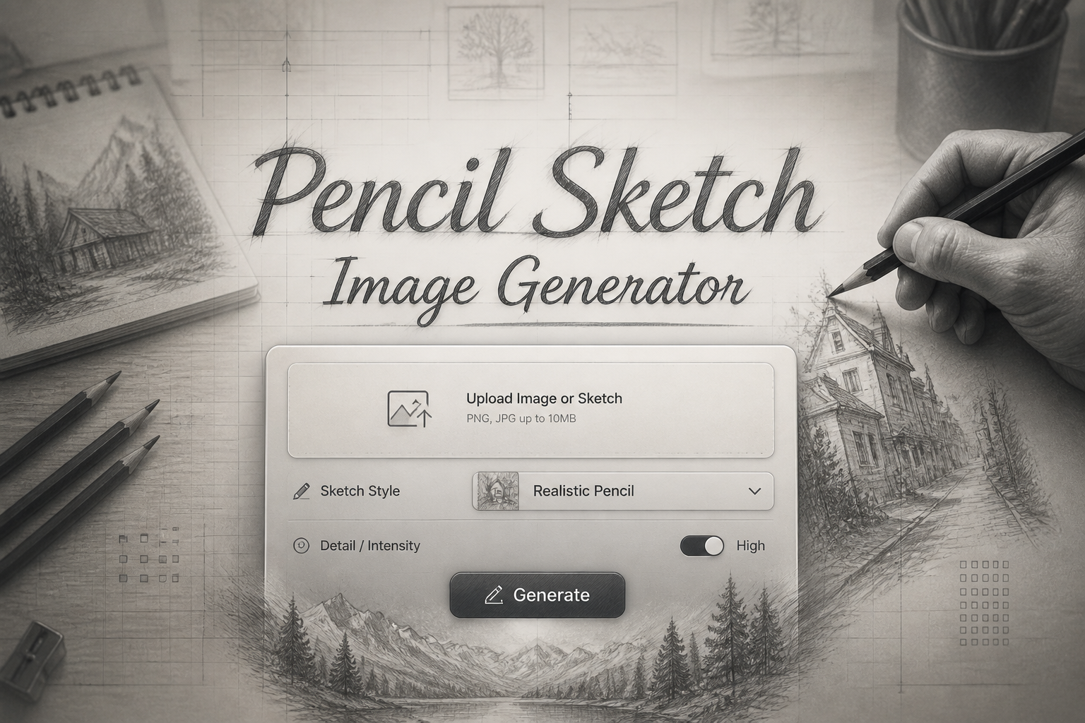 Centered hero graphic for a pencil sketch image generator showing a polished UI panel with image upload, sketch style dropdown, intensity toggle, and Generate button, fading into a real-life pencil illustration workflow background.