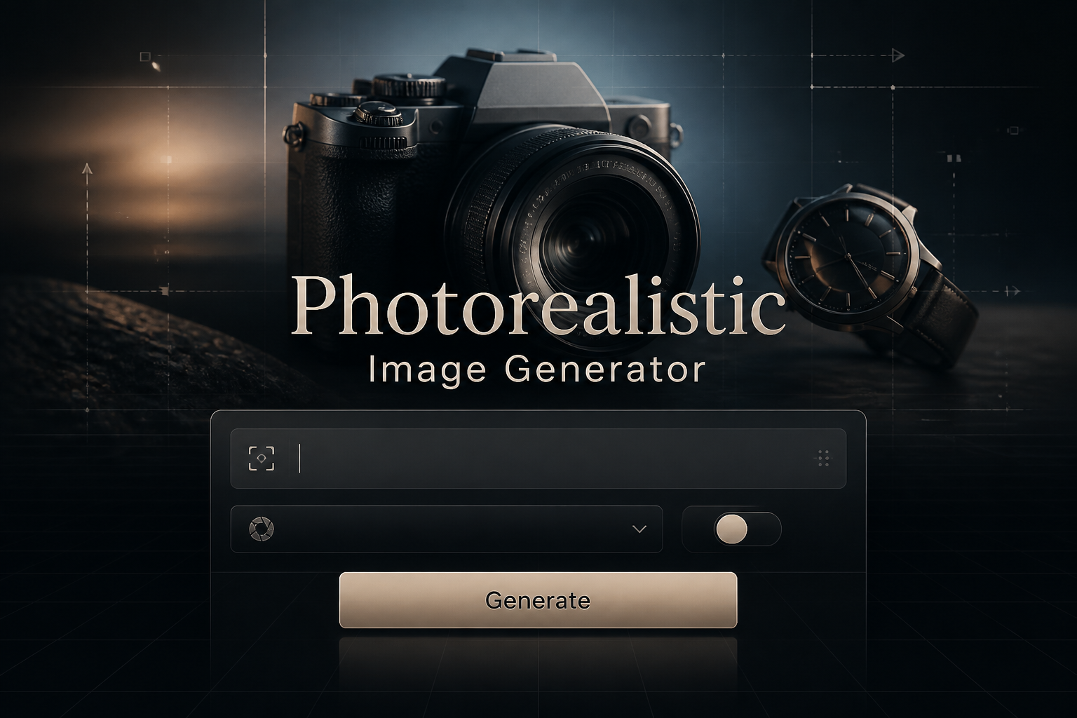 Centered hero graphic for a photorealistic image generator tool with the title Photorealistic Image Generator, a prompt field, realistic style dropdown, quality toggle, and Generate button over a sleek camera-ready render workflow with subtle UI grid accents.