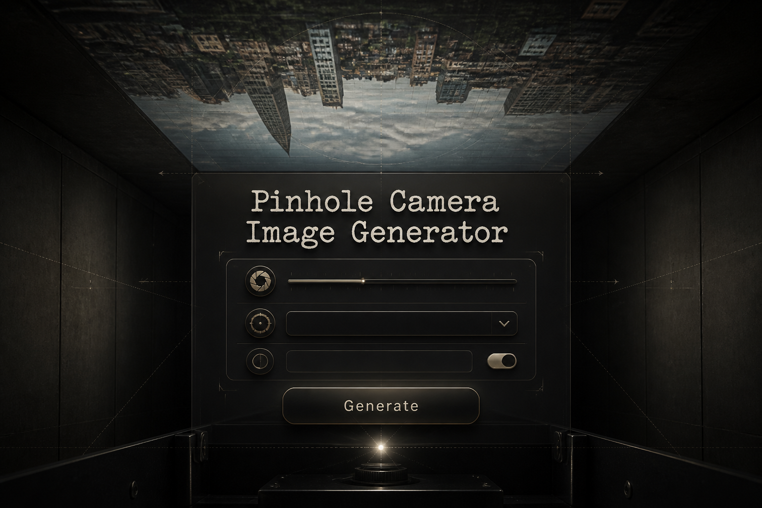 Featured hero image for a pinhole camera image generator, showing a centered UI panel with aperture size, exposure preset, inverted preview toggle, and a Generate button over an upside-down cityscape projected like a camera obscura.