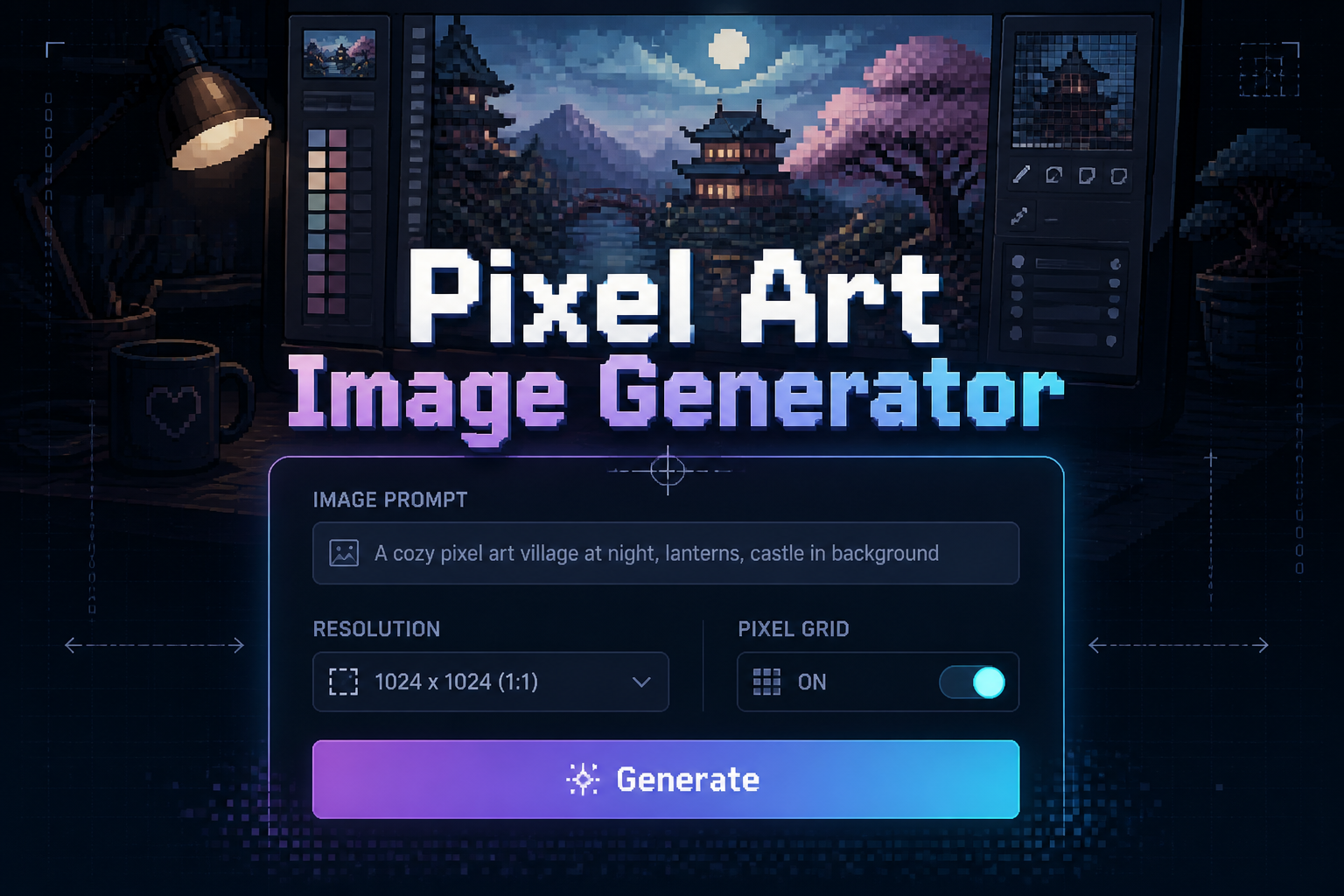 Centered hero graphic for a pixel art image generator showing a pixel-art-style UI panel with an image prompt field, resolution dropdown, pixel grid toggle, and Generate button, over a sleek grid-lined digital background.