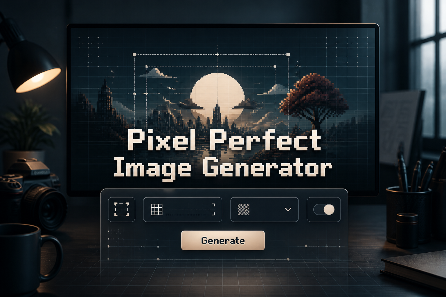 Centered hero graphic for Pixel Perfect Image Generator with a refined UI panel, canvas size input, output format dropdown, snap to grid toggle, and Generate button over a sleek high-contrast grid background for a pixel perfect image generator tool.